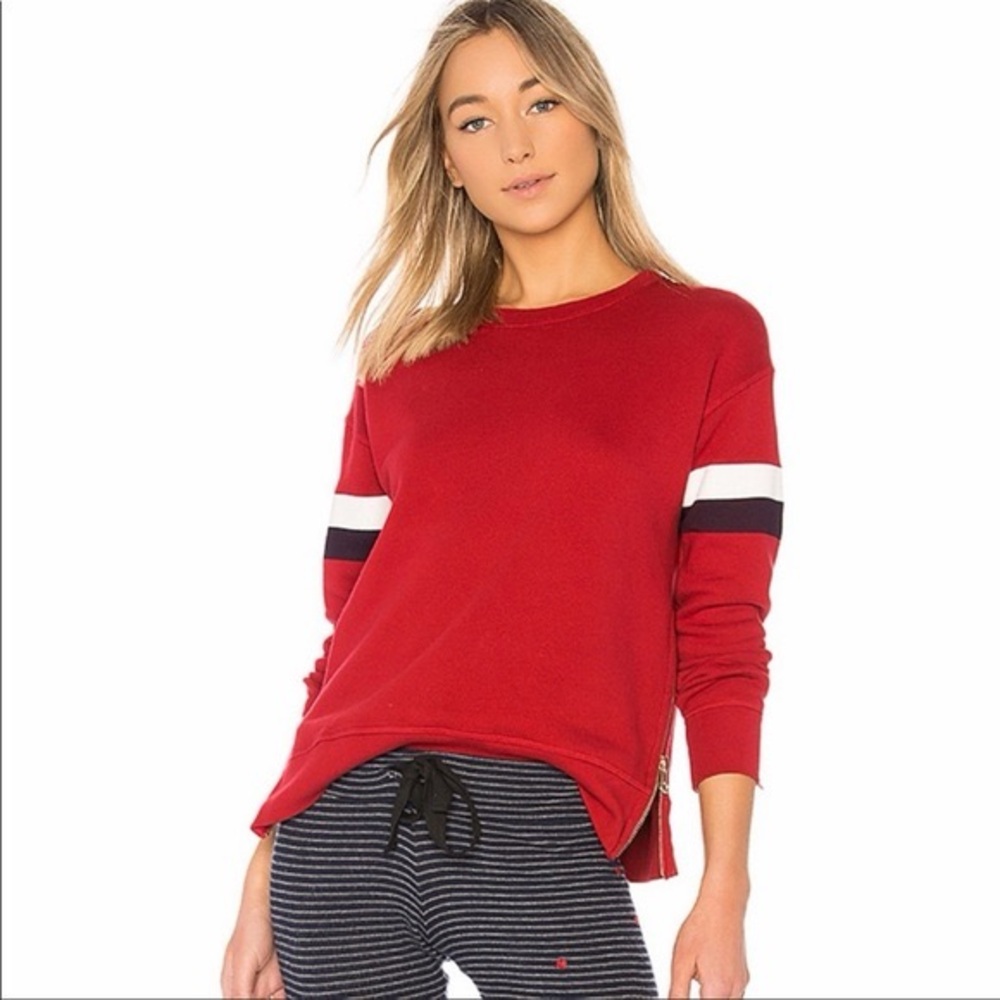 Sundry Red Sweatshirt with Striped Sleeves and zippers